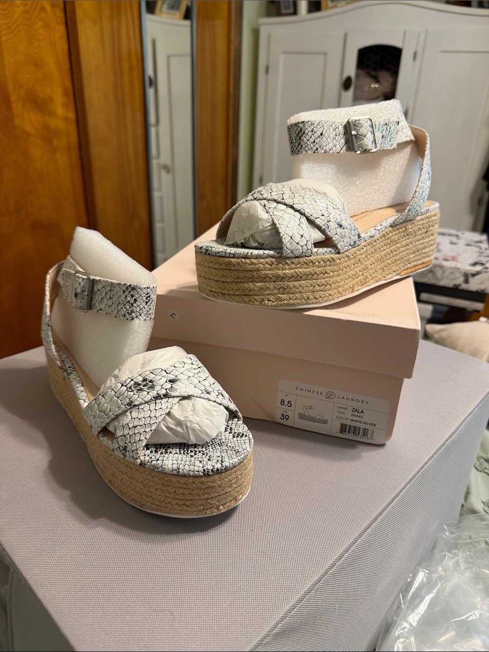 Chinese Laundry White Snake-Print Espadrille Platform Sandals